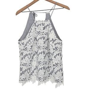 Intermix White Lace Floral Over Blue And White Stripe Halter Neck Tank Top